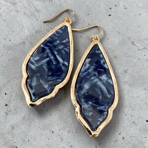 Gold-Trim Blue Marbled Resin Drop Earrings